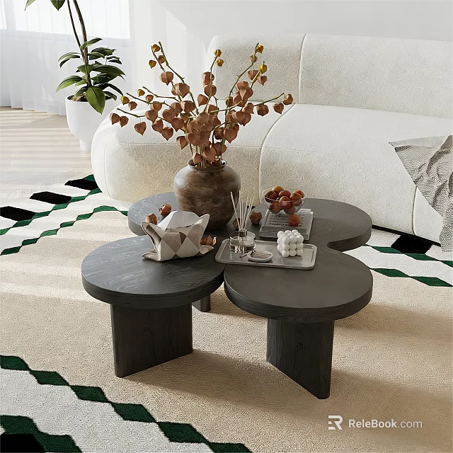 Three Round Dark Coffee Tables With Dried Flower Vase And Decorative Tray In Living Room 3d model 