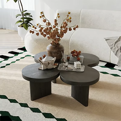 Three Round Dark Coffee Tables With Dried Flower Vase And Decorative Tray In Living Room 3d model