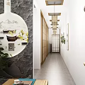 Traditional Chinese Style Store Interior With Circular Window Wall Decorations Potted Plants And Tea Sets