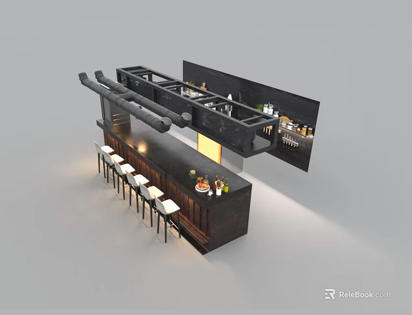 Modern Bar Counter with Hanging Shelves Bar Stools and Decorative Bottle 3d model 