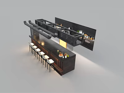 Modern Bar Counter with Hanging Shelves Bar Stools and Decorative Bottle 3d model
