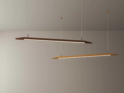 Long Rectangular Wooden Pendant Lights With White Light Strips Hanging From Light Colored Ceiling 3d model