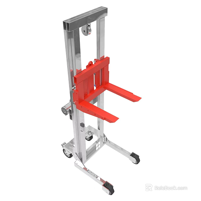 Mobile Hydraulic Lift Equipment With Red Forks Silver Metal Frame And Wheels 3d model 