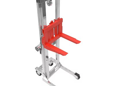 Mobile Hydraulic Lift Equipment With Red Forks Silver Metal Frame And Wheels 3d model