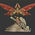 Fantasy Character Model With Red Wings Golden Details On Rock Base And Small Pink Figure