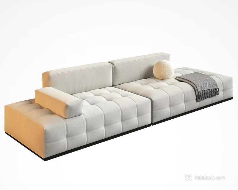 Modern Sectional Sofa With Tufted Design Round Pillow And Gray Blanket 3d model