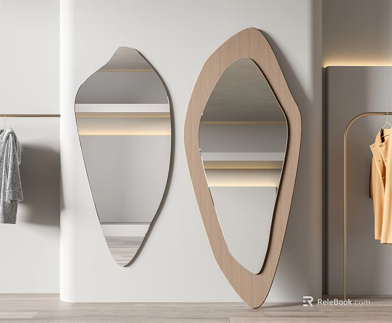 Modern Irregular Mirrors With Wooden Frames For Minimalist Interior Near Clothes Rack And Hanging Garments 3d model 