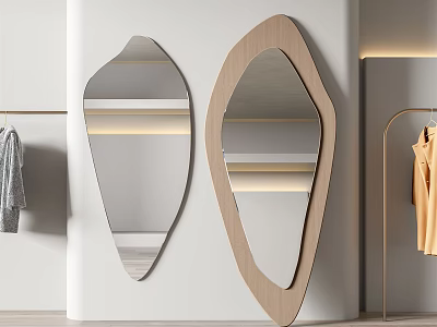 Modern Irregular Mirrors With Wooden Frames For Minimalist Interior Near Clothes Rack And Hanging Garments 3d model
