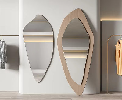 Modern Irregular Mirrors With Wooden Frames For Minimalist Interior Near Clothes Rack And Hanging Garments 3d model