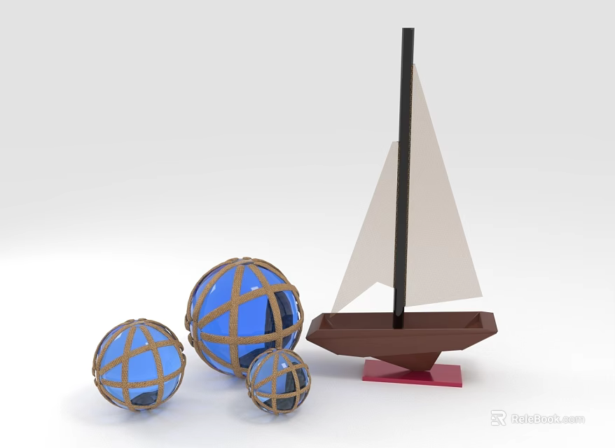 Decorative Furniture Pieces With Three Blue Spherical Decorations And Brown Sailboat Model 3d model 