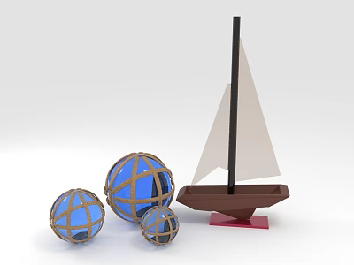 Decorative Furniture Pieces With Three Blue Spherical Decorations And Brown Sailboat Model 3d model