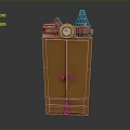Wooden Wardrobe With Stacked Books Alarm Clock Table Lamp And Pink Decor