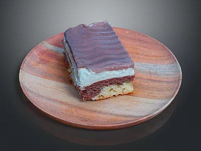 Delicious Purple Coated Layered Cake With Cream Filling On Wooden Plate 3d model