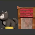Cute Grey Puppy Toy With Wooden Dog House Red Roof Yellow Bowl And Blue Water