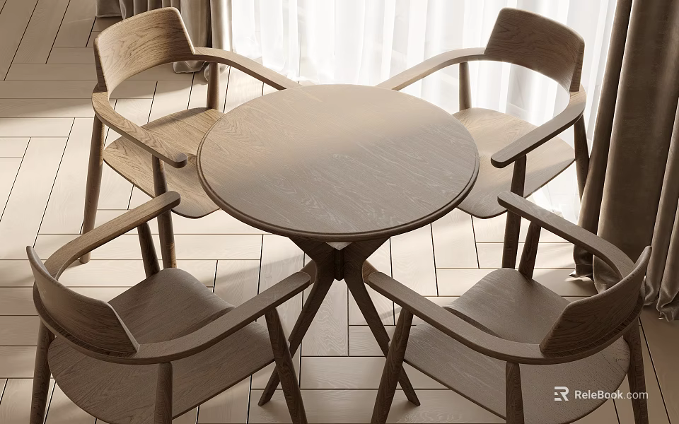 Modern Round Wooden Dining Table Set With Four Chairs For Home 3d model