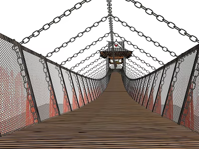 Suspension Bridge Components Featuring Wooden Planks Metal Chains And Netted Railings 3d model