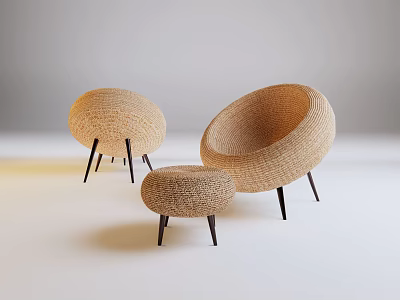 Set of Woven Leisure Chairs with Black Thin Legs and Matching Stool 3d model