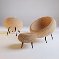 Set of Woven Leisure Chairs with Black Thin Legs and Matching Stool
