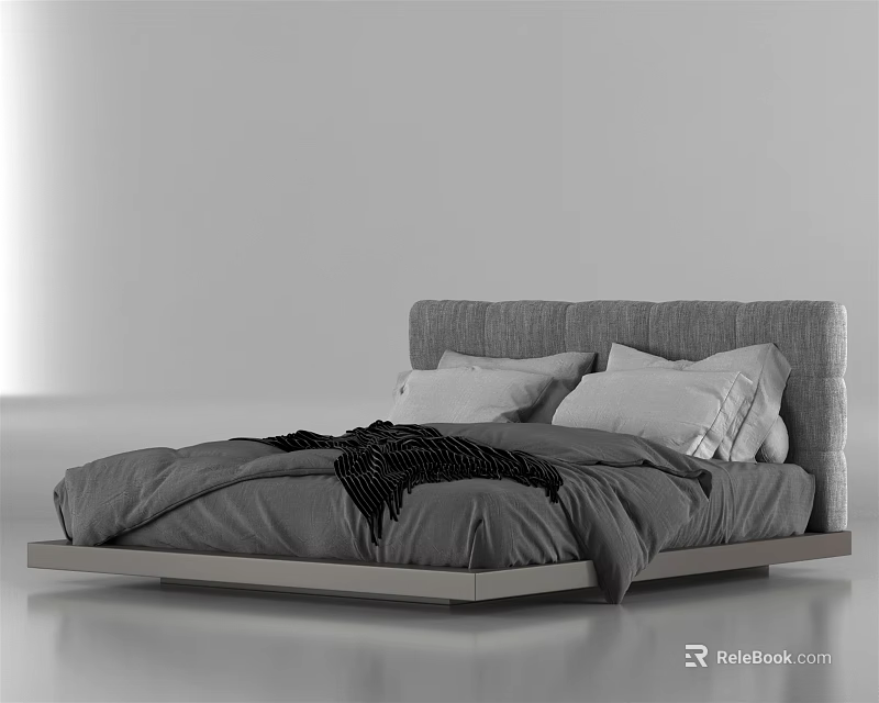 Modern Minimalist Double Bed With Gray Upholstered Headboard White Pillows And Black Throw Blanket 3d model 