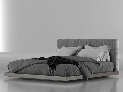 Modern Minimalist Double Bed With Gray Upholstered Headboard White Pillows And Black Throw Blanket 3d model