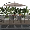 Modern Outdoor Wooden Dining Table Set With Rattan Chairs And Shade Umbrella For Backyard Leisure