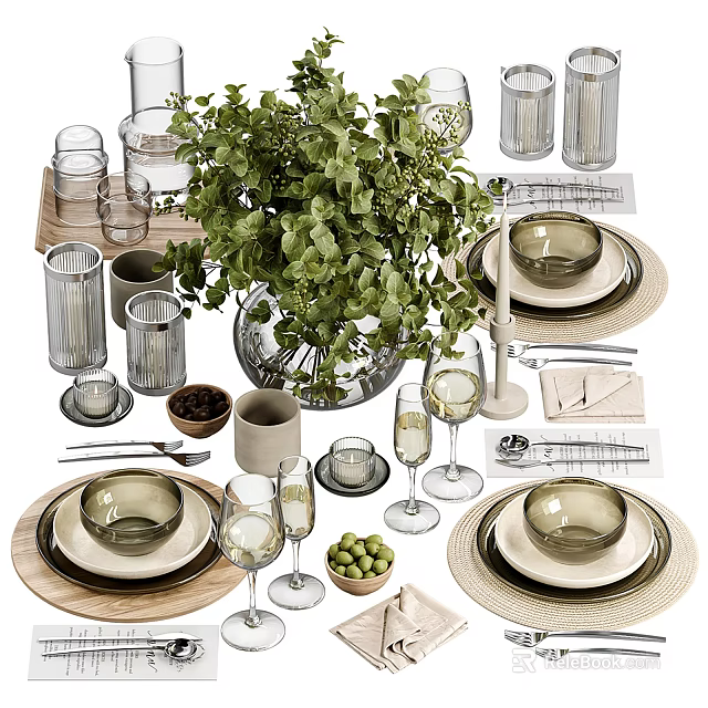 Elegant Dinnerware Set With Plates Bowls Glass Cups Wine Glasses Napkins Utensils And Greenery 3d model 