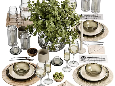 Elegant Dinnerware Set With Plates Bowls Glass Cups Wine Glasses Napkins Utensils And Greenery 3d model