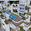 Modern Luxury Apartment Complex With White Circular Design Rooftop Pools And Gardens