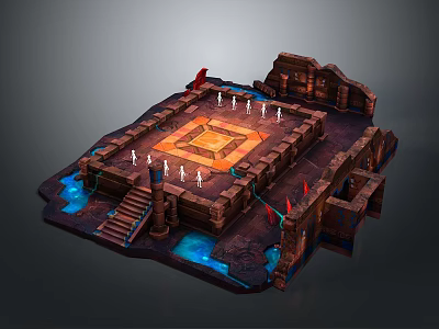 3D Game Scene Model With Square Central Area Stone Walls Stairs Flags And Blue Water 3d model