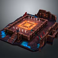 3D Game Scene Model With Square Central Area Stone Walls Stairs Flags And Blue Water
