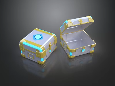Activation Device With Blue Glowing Elements Golden Borders Two Boxes One Closed And One Open 3d model