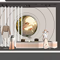 Modern Clothing Store Featuring Mannequins Stylish Outfits Circular Decorative Painting Soft Lighting And Display Stand