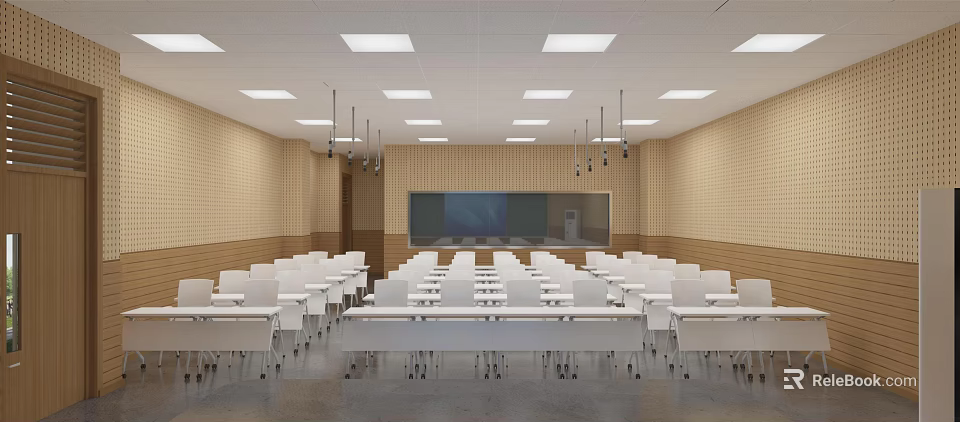School Classroom Interior With Neatly Arranged White Desks Chairs Large Screen And Ceiling Lights 3d model 