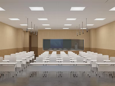 School Classroom Interior With Neatly Arranged White Desks Chairs Large Screen And Ceiling Lights 3d model