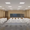 School Classroom Interior With Neatly Arranged White Desks Chairs Large Screen And Ceiling Lights