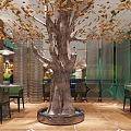 Modern Restaurant Interior With Green Walls Gold Screens White Tables Green Chairs And Geometric Floors