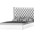 Elegant Double Bed With Tall Diamond Tufted Headboard Light Gray Fabric And Pillows 3d model