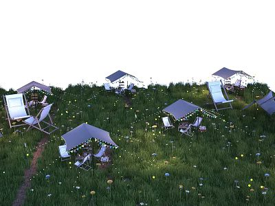 Cozy Tents On Green Meadow With Deck Chairs String Lights And Dandelions 3d model