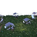 Cozy Tents On Green Meadow With Deck Chairs String Lights And Dandelions