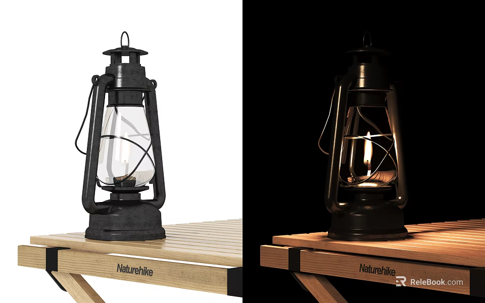 Classic Kerosene Style Outdoor Lamp Lit On Wooden Table For Garden Use 3d model 