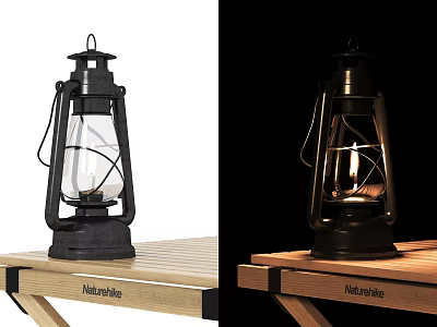 Classic Kerosene Style Outdoor Lamp Lit On Wooden Table For Garden Use 3d model