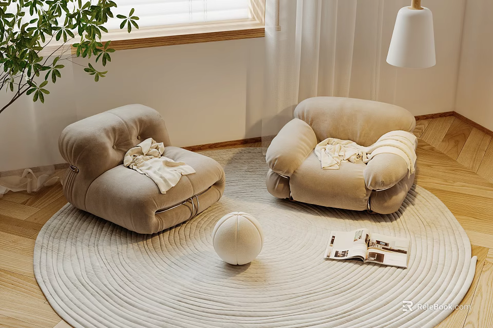 Cozy Beige Velvet Casual Sofa Set on Round Rug Near Magazines Green Plant Floor Lamp 3d model 