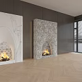 White Marble and Stone TV Wall Design with Arched Fireplace Flames Dark Wood Herringbone Floor