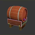 Orange Wooden Wine Barrel with Silver Metal Hoops on Wooden Stand with Legs
