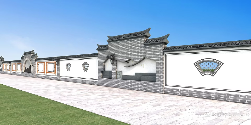 Traditional Chinese Wall Design With Gray Bricks White Panels And Decorative Windows 3d model 