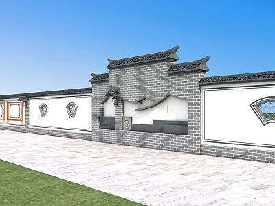 Traditional Chinese Wall Design With Gray Bricks White Panels And Decorative Windows 3d model