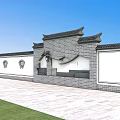 Traditional Chinese Wall Design With Gray Bricks White Panels And Decorative Windows
