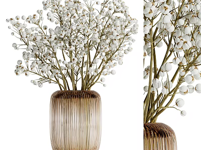 Golden Vertical Striped Vase With White Small Dense Flowers And Green Stems 3d model