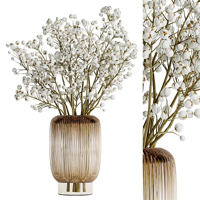 Golden Vertical Striped Vase With White Small Dense Flowers And Green Stems 3d model