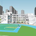 Modern School Building Open Multi Story Structure With Basketball Court Green Lawn And Students Activities